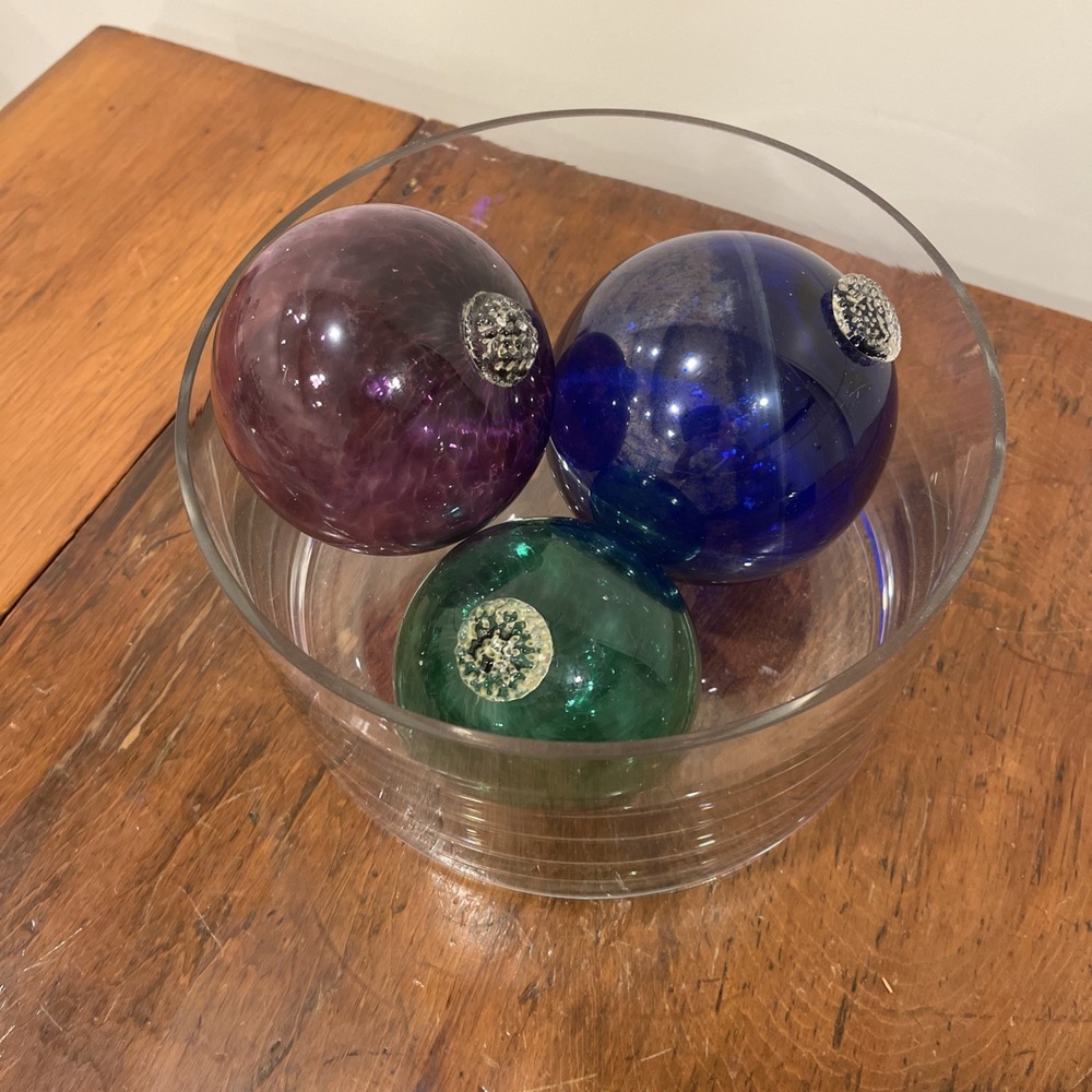 Lot Of 3 Vintage Hand Blown Green Purple Glass Fishing Net Ball Floats Japanese